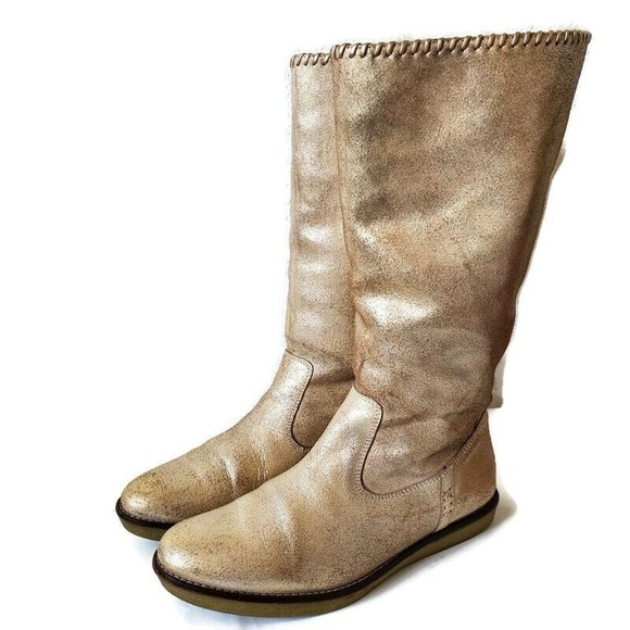 H.S. TRASK Ariana Shearling Lined Gold Crackled Leather Winter Boots Sz 8.5M US - Picture 1 of 14